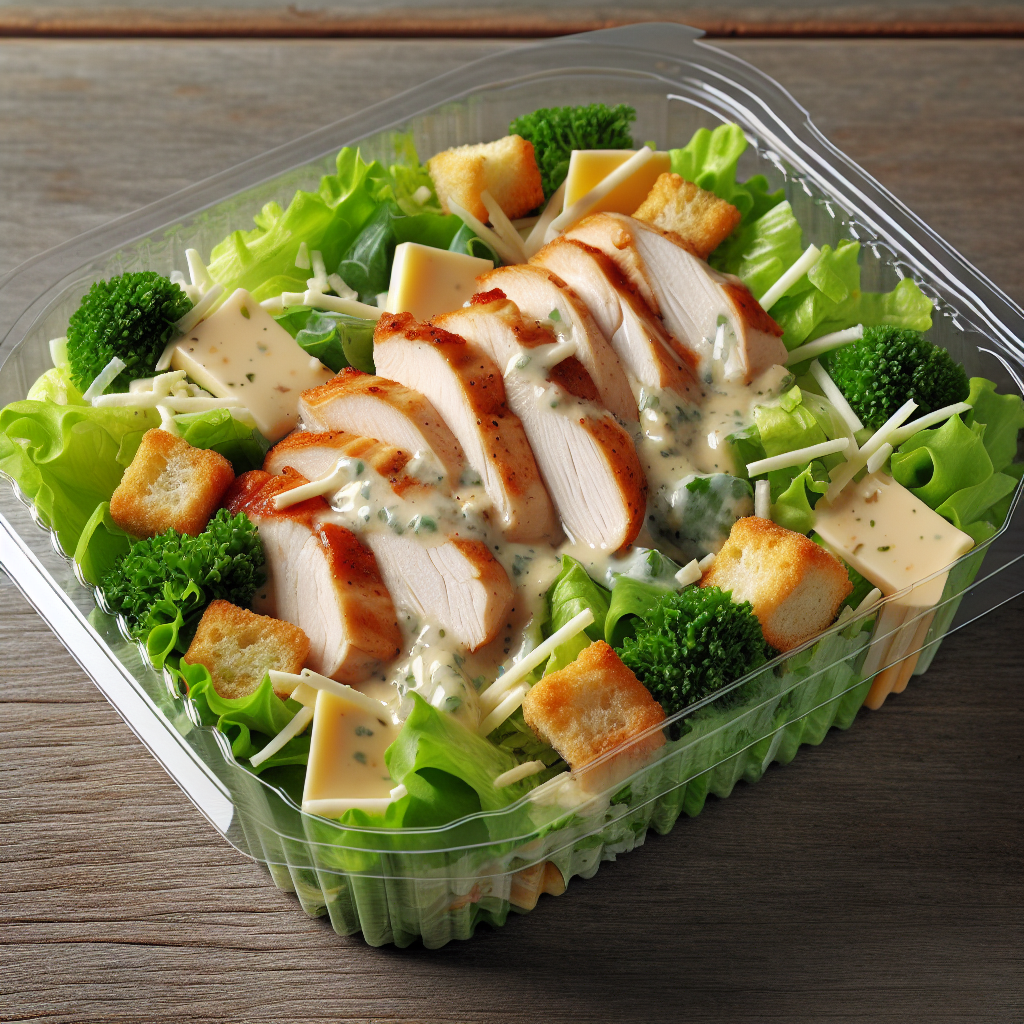 Salade César au poulet (salade verte, fromage, croûtons, sauce), préemballée-entrées et plats composés, valeurs nutritionnelles