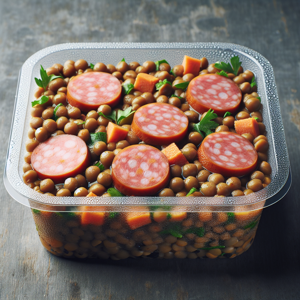 Salade de lentilles et saucisse fumée, préemballée-entrées et plats composés, valeurs nutritionnelles