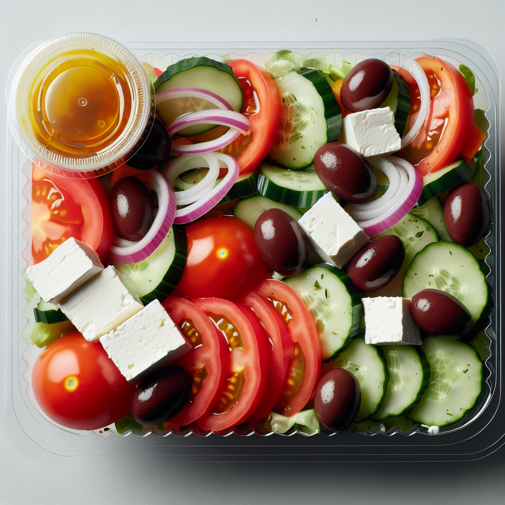 Salade grecque, avec sauce, préemballée-entrées et plats composés, valeurs nutritionnelles