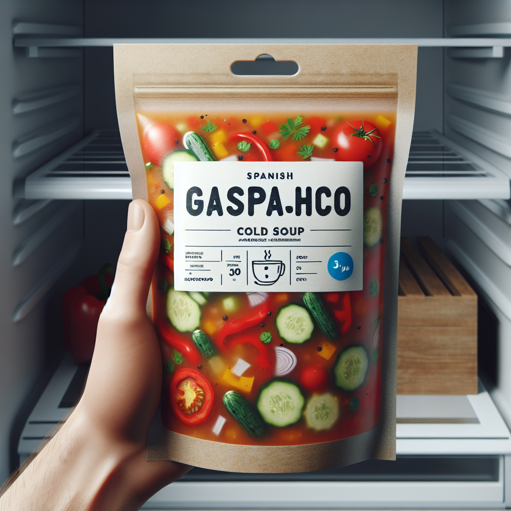 Soupe froide type Gaspacho ou Gazpacho, préemballée-entrées et plats composés, valeurs nutritionnelles