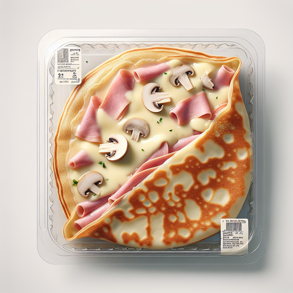 Crêpe ou Galette fourrée béchamel jambon fromage champignon, préemballée-entrées et plats composés, valeurs nutritionnelles
