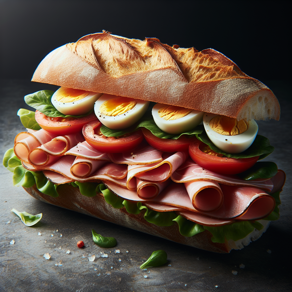 Sandwich baguette, jambon, oeuf dur, crudités (tomate, salade), beurre-entrées et plats composés, valeurs nutritionnelles