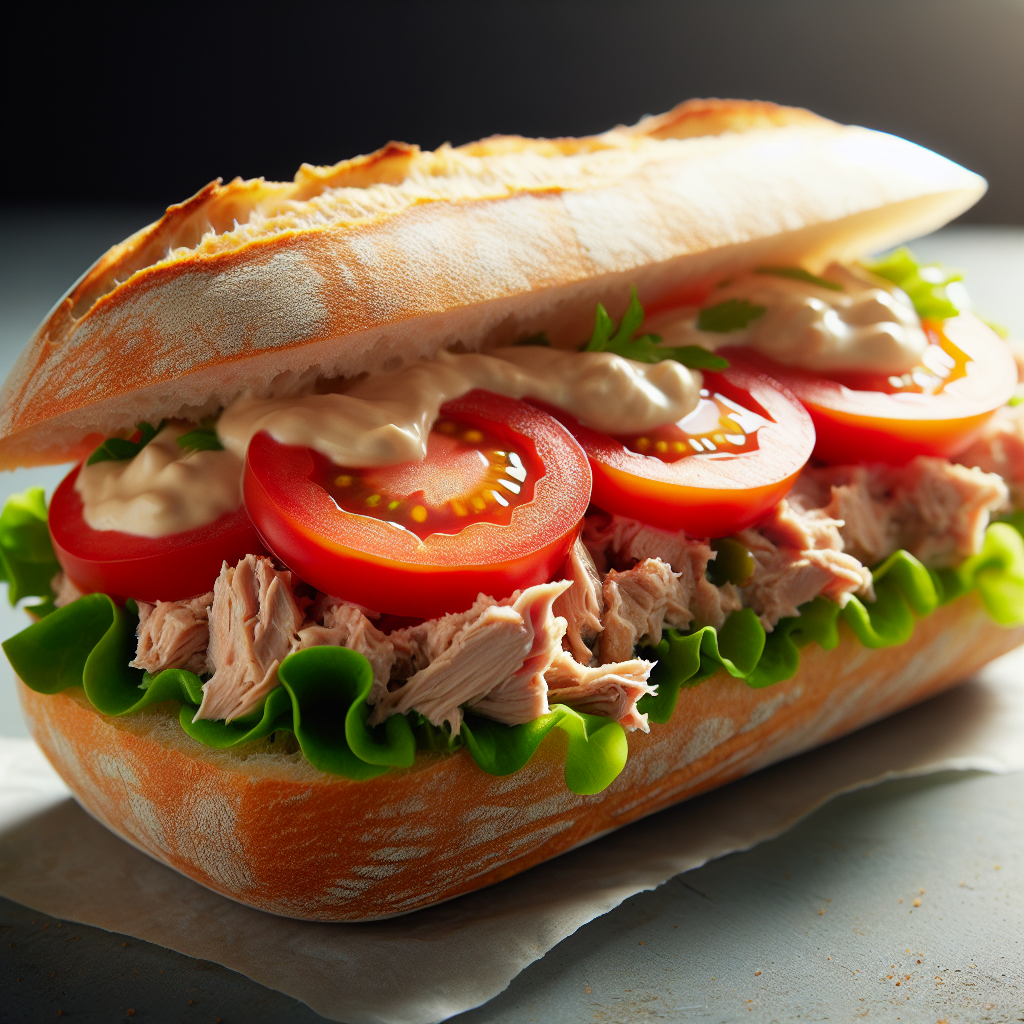 Sandwich baguette, thon, crudités (tomate, salade), mayonnaise-entrées et plats composés, valeurs nutritionnelles