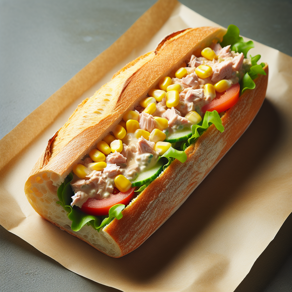 Sandwich baguette, thon, maïs, crudités, préemballé-entrées et plats composés, valeurs nutritionnelles