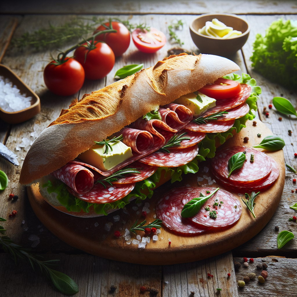 Sandwich baguette, salami, beurre-entrées et plats composés, valeurs nutritionnelles