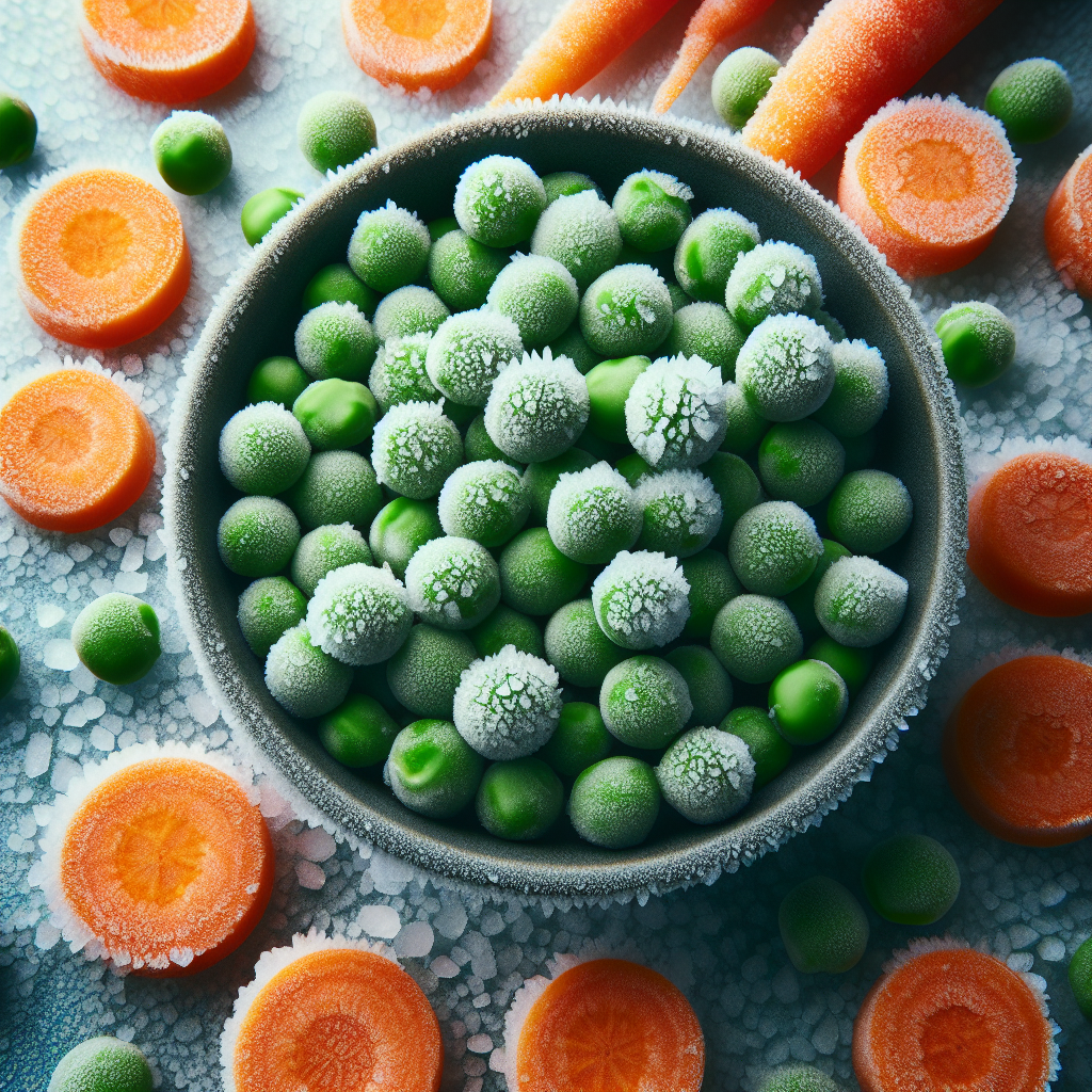 Petits pois et carottes, surgelés, crus-fruits, légumes, légumineuses et oléagineux, valeurs nutritionnelles