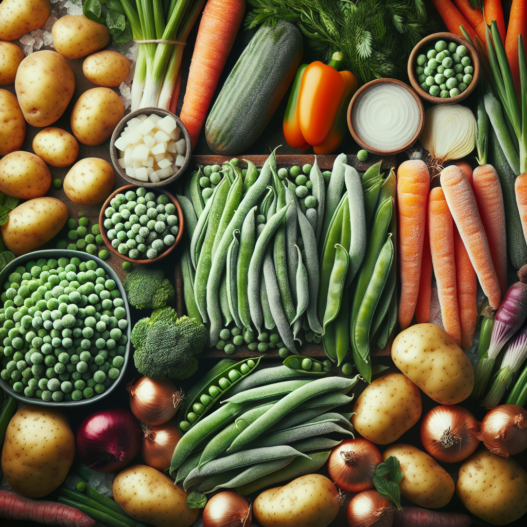 Printanière de légumes, surgelée, crue (haricots verts, carottes, pomme de terre, petits pois, oignons)-fruits, légumes, légumineuses et oléagineux, valeurs nutritionnelles
