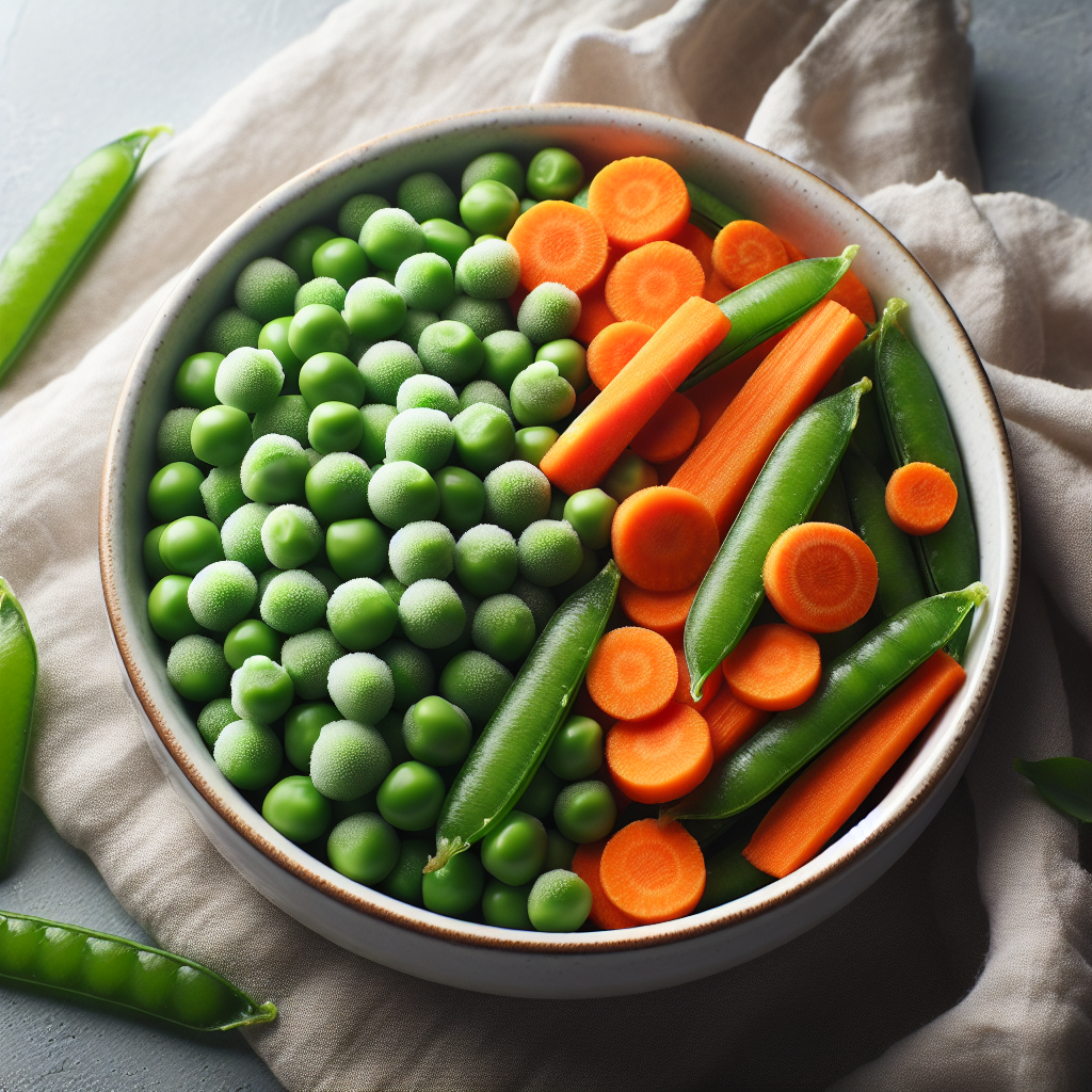 Petits pois et carottes, surgelés, cuits-fruits, légumes, légumineuses et oléagineux, valeurs nutritionnelles