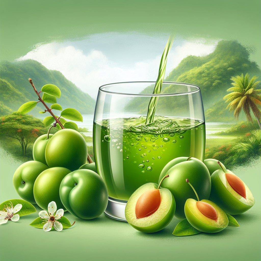 Jus de prune de cythère verte "naine" (variété hybride), fruit vert, pur jus filtré, prélevée à la Martinique-fruits, légumes, légumineuses et oléagineux, valeurs nutritionnelles